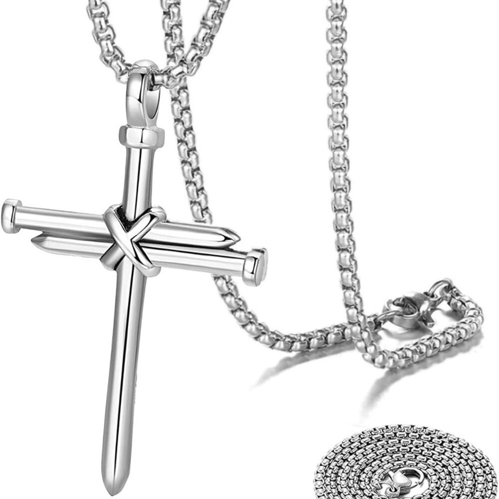 2PCS Nail Cross Pendant for Men, Hanging Cross Car Rearview Mirror Hanging Chain